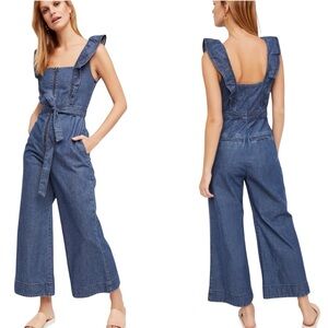 Free People Sun Valley Dark Blue‎ Denim Chambray Wide Leg Jumpsuit Sz 12